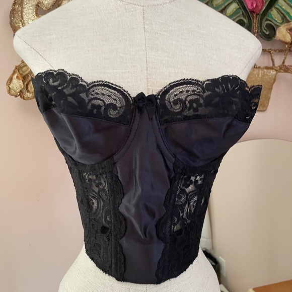 Vintage Victoria’s Secret 34C Long Line Bra/Bustier Black Lace Gold Label USA - Picture 1 of 7